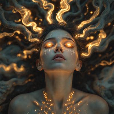 The primary subject of the image is a woman with a unique and artistic appearance. She has a glowing head and is surrounded by a tree with a glowing crown. The setting appears to be a dark, possibly magical, environment. The visual style of the image is a combination of photo and digital art, creating a surreal and captivating scene. The colors and mood of the image are predominantly dark and mysterious, with the glowing elements adding a sense of magic and enchantment.